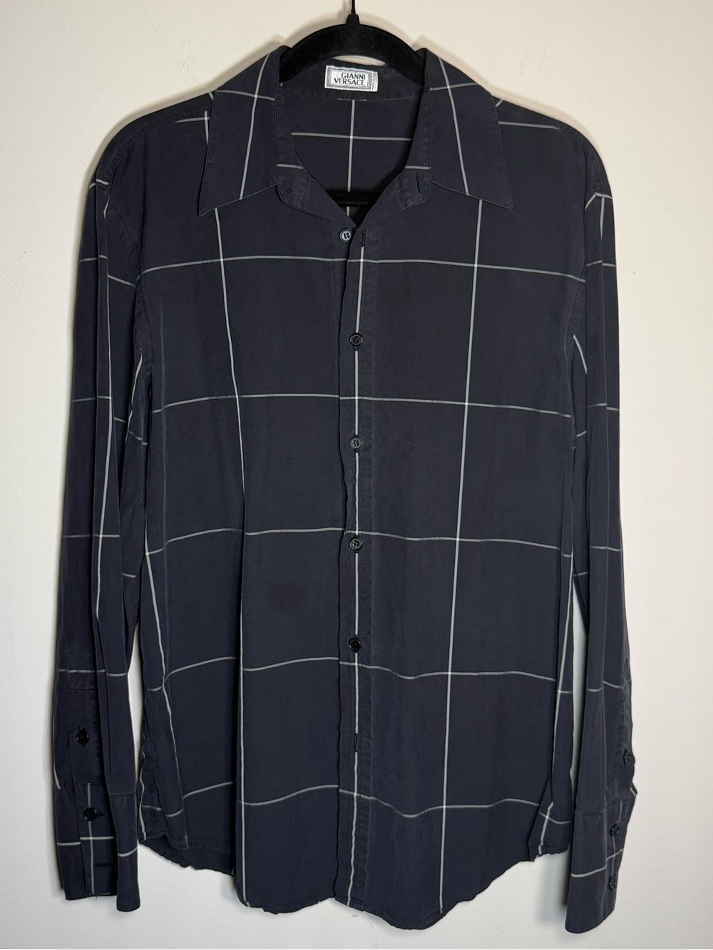 Versace Men's Navy Windowpane Button-Up Shirt